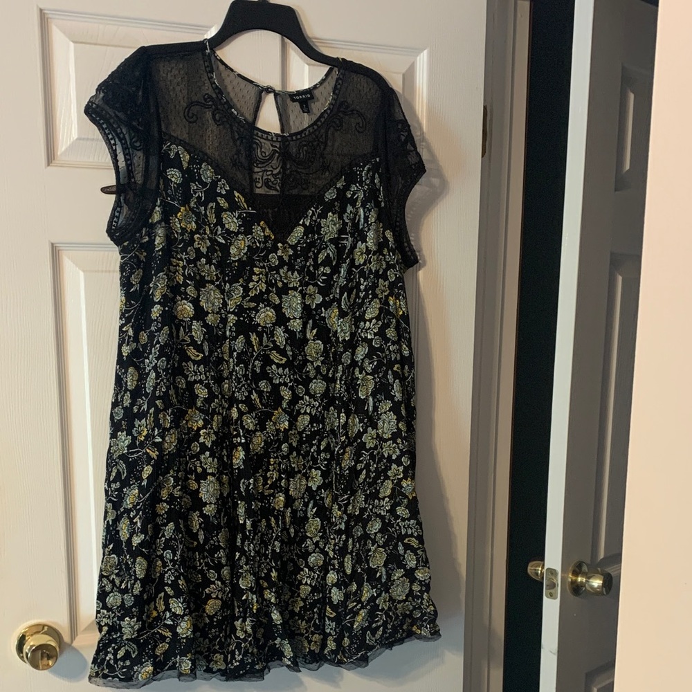torrid Black Mesh Dress with Yellow and Light Green Floral Trim